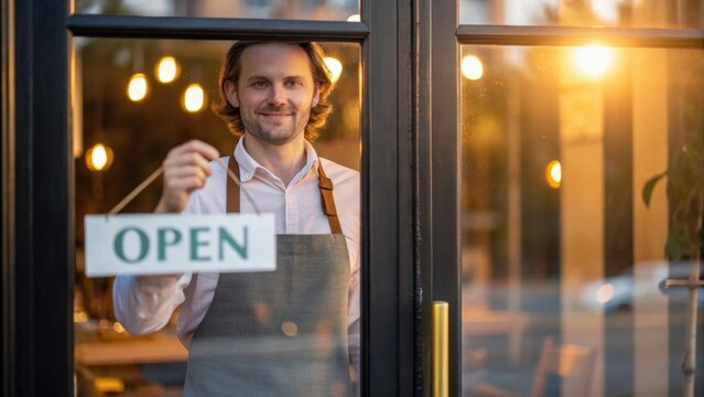 A smiling man holds an "OPEN" sign in a café window, welcoming customers with warm, ambient lighting in the background.