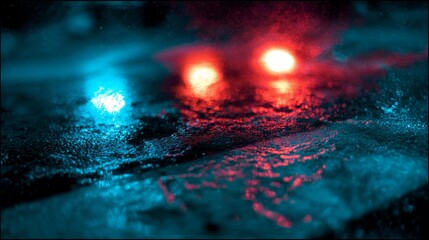 Obraz premium Glowing red and blue emergency lights reflecting on wet pavement in dramatic night scene.