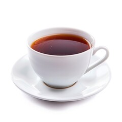 White teacup and saucer filled with dark brown tea