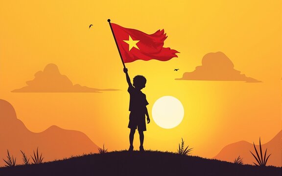 Silhouette of Boy Holding Vietnam Flag Vector for Vietnamese National Day and Cultural Events. High quality