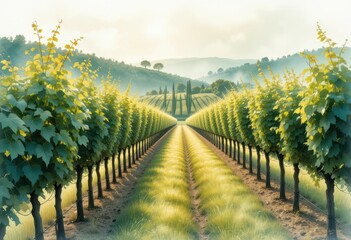 Fototapeta premium Transparent Vineyard Delicate Watercolor Painting of Vines