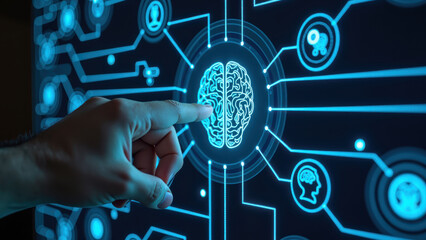 Innovative technology digital brain artificial intelligence human interaction futuristic design neural network glowing interface technology concept