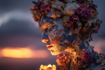 Surreal character with candlelit skin, head blooming with flowers and clouds in a sky of sunset amber and ash violet
