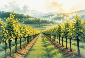 Fototapeta premium Transparent Vineyard Delicate Watercolor Painting of Vines