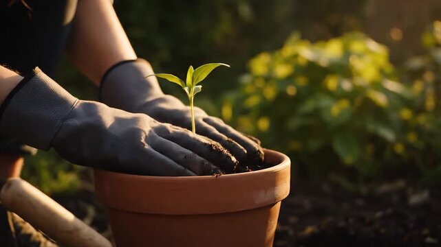 hands planting small plant in terracotta pot outdoors