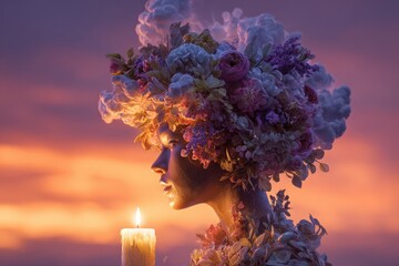 Surreal character with candlelit skin, head blooming with flowers and clouds in a sky of sunset amber and ash violet