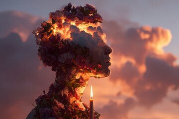 Surreal character with candlelit skin, head blooming with flowers and clouds in a sky of sunset amber and ash violet