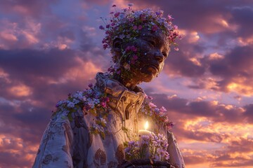 Surreal character with candlelit skin, head blooming with flowers and clouds in a sky of sunset amber and ash violet