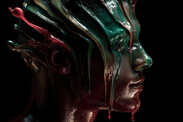 Surreal dancer with body melting into liquid paint, dripping in fire opal, seafoam green, and deep maroon
