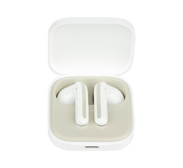 wireless headphones in a charging case, isolated from the background