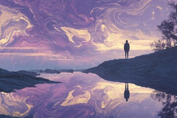 Surreal mirror-faced man staring at a swirling ocean of memories, in hues of misty lavender, antique gold, and twilight blue