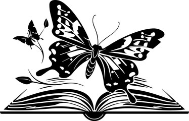 Book and Butterfly Vector Illustration in Black and White