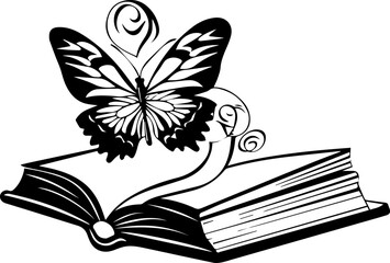 Book and Butterfly Vector Illustration in Black and White