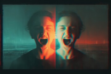 Surreal twin-faced character, one smiling, one crying, in a split landscape of sepia blue and crimson light leaks