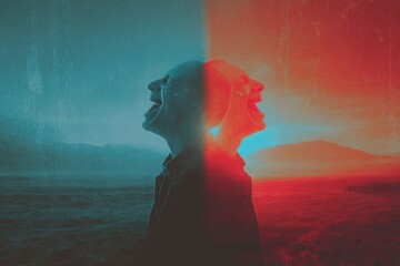 Surreal twin-faced character, one smiling, one crying, in a split landscape of sepia blue and crimson light leaks