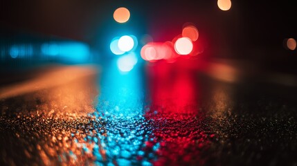 Glowing red and blue reflections on wet asphalt at night, evoking a cinematic urban atmosphere.