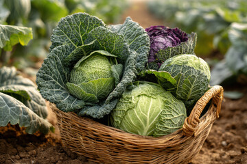 Freshly picked kale and cabbage heads in basket, farm field background