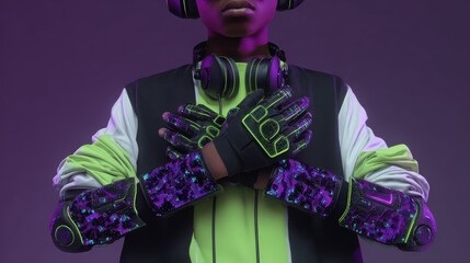 Teen gamer with augmented reality arms, glitch purple, neon green, black