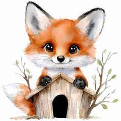Adorable fox exploring its cozy home enchanted forest illustration whimsical environment close-up view animal concept for kids