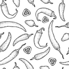Chili pepper sketch. Seamless pattern. Hand drawn vector illustration. Hot pepper. Kitchen spice