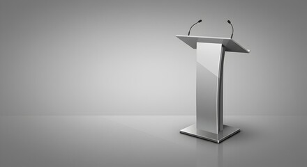 Sleek Silver Metallic Podium with Microphones and Reflective Surface