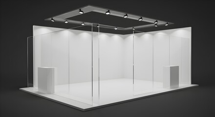 Modern White and Glass Exhibit Booth Design with Overhead Spotlights on Dark Background