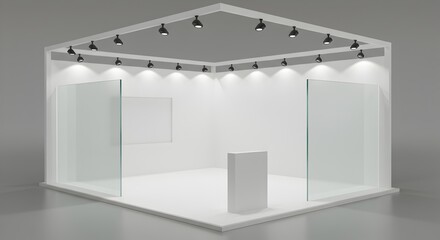 Spacious White and Glass Exhibit Booth with Display Pedestal Mockup