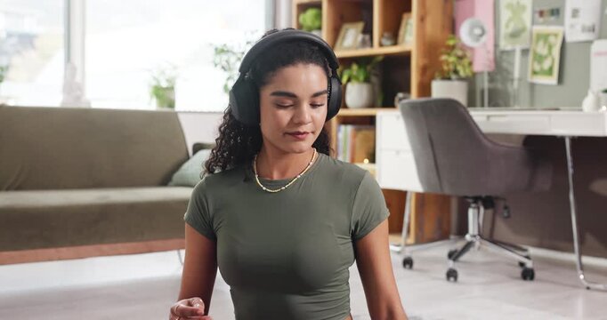 Meditation, calm and woman in home with headphones for wellness podcast, subscription and streaming. Morning routine, relax and person listening to guided audio for peace, mindfulness and zen mindset