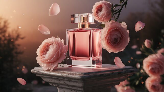 Pink perfume bottle surrounded by pink roses and falling petals