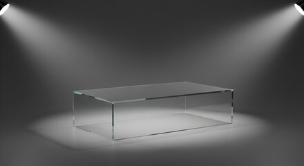 Rectangular Glass Display Case under Bright Spotlights on a Neutral Gray Backdrop