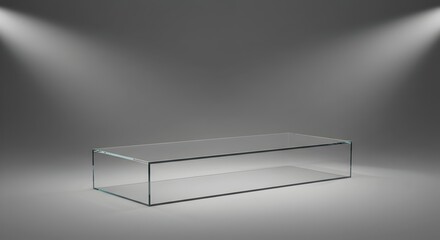 Empty Glass Display Case or Pedestal Highlighted by Spotlights on Grey Background