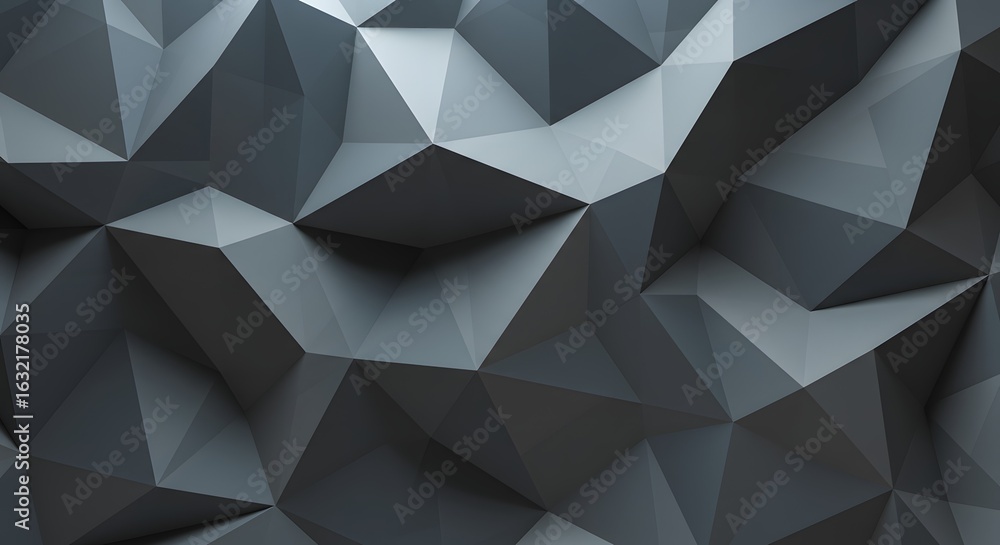 Poster Abstract geometric background featuring a complex network of dark gray triangles, creating a polygonal, faceted surface with varying light and shadow.