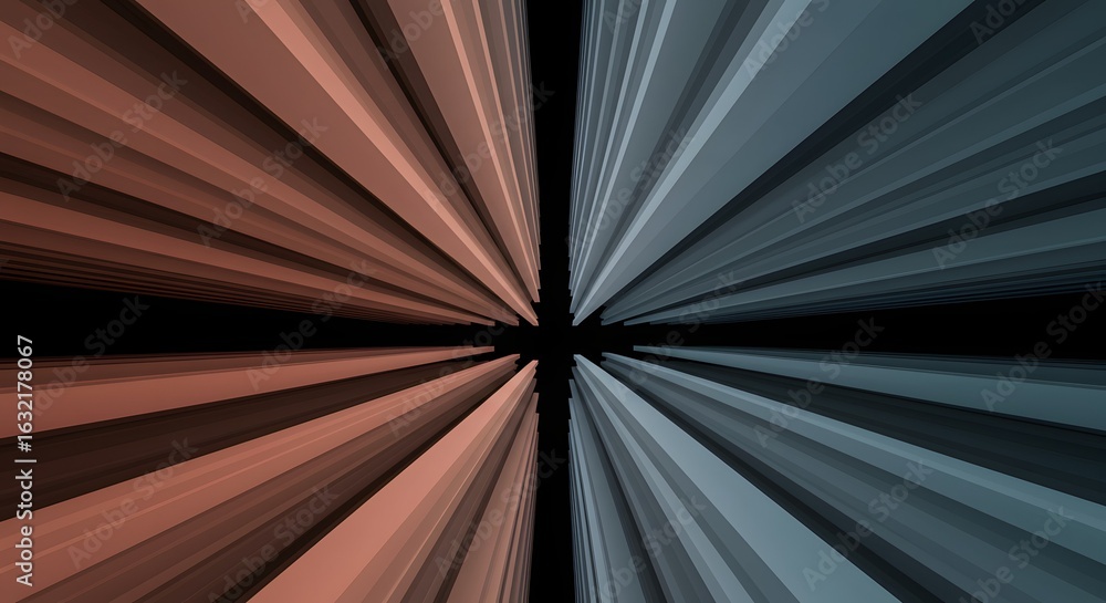 Poster abstract image featuring radiating lines in shades of orange and blue emanating from a central dark 