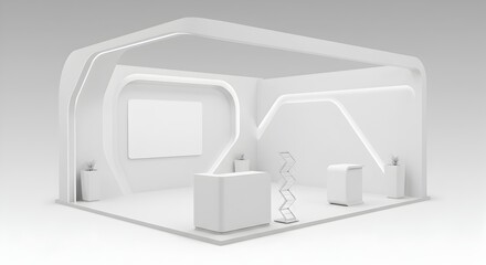 Modern White Exhibit Booth with Blank Screen Display Mockup on Gray Background