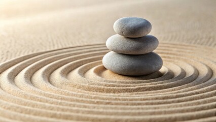 Serene Stack of Stones on a Circular Sand Pattern, Representing Balance and Tranquility in a Peaceful Setting