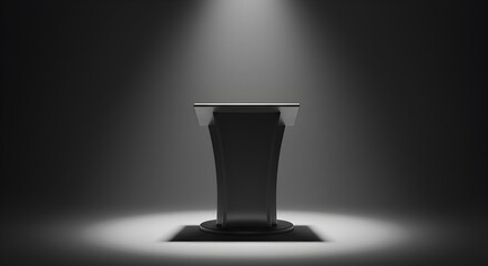 Sleek Dark Podium or Lectern Bathed in a Single Spotlight on a Dark Stage