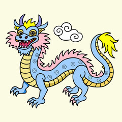 Fototapeta premium Colorful cartoon dragon with playful expression and fluffy tail 