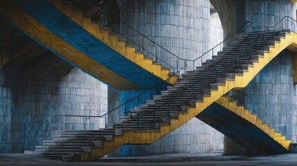 Urban bridge turning into stairs upside down, urban gray, gold trim, cool blue 