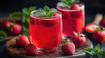 Refreshing strawberry lemonade with mint leaves in glasses on wooden board. National Strawberry Rhubarb Wine Day