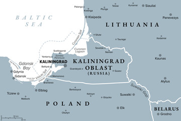 Kaliningrad and vicinity, gray political map. Kaliningrad Oblast, exclave and westernmost federal subject of Russia on Baltic Sea, between Lithuania and Poland. With strategic choke point Suwalki Gap.