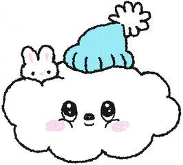 모자 쓴 구름과 토끼 손그림 스티커 일러스트