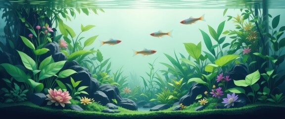  Clean and Minimalist Isometric View of Guppies Swimming in a Lushly Planted Aquarium