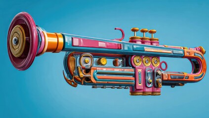 Vibrant, colorful trumpet with geometric design