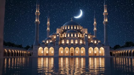 Mosque. Ramadan Kareem banner with a crescent moon and lantern, with a mosque in the backdrop. Eid al fitr, Eid al adha.