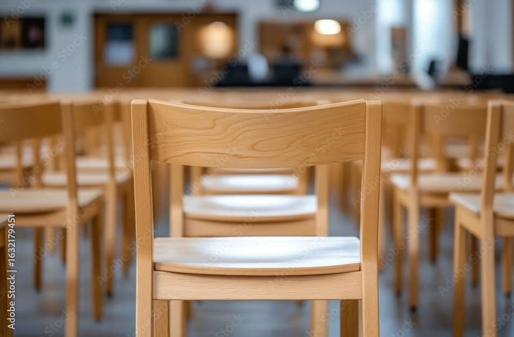 Poster a row of wooden chairs in a spacious interior, emphasizing simplicity and functionality, creating a 