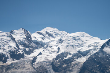 Panoramic view of Mont Blanc covered in snow under a clear blue sky. Captured during the Tour du...