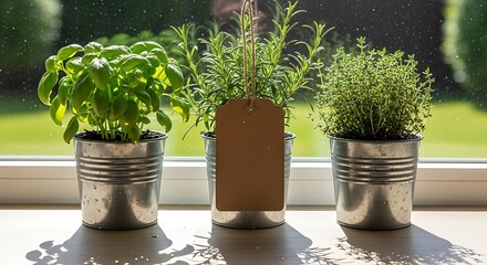 Potted Herbs with a Blank Tag on a Windowsill