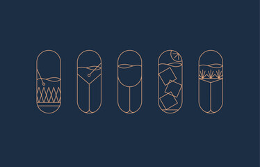 Art deco cocktail symbol set drawing in gold line style on blue background