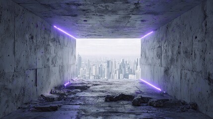 Wall breaking open to infinite cityscape, concrete gray, glow neon accents 