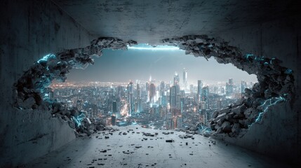Wall breaking open to infinite cityscape, concrete gray, glow neon accents 